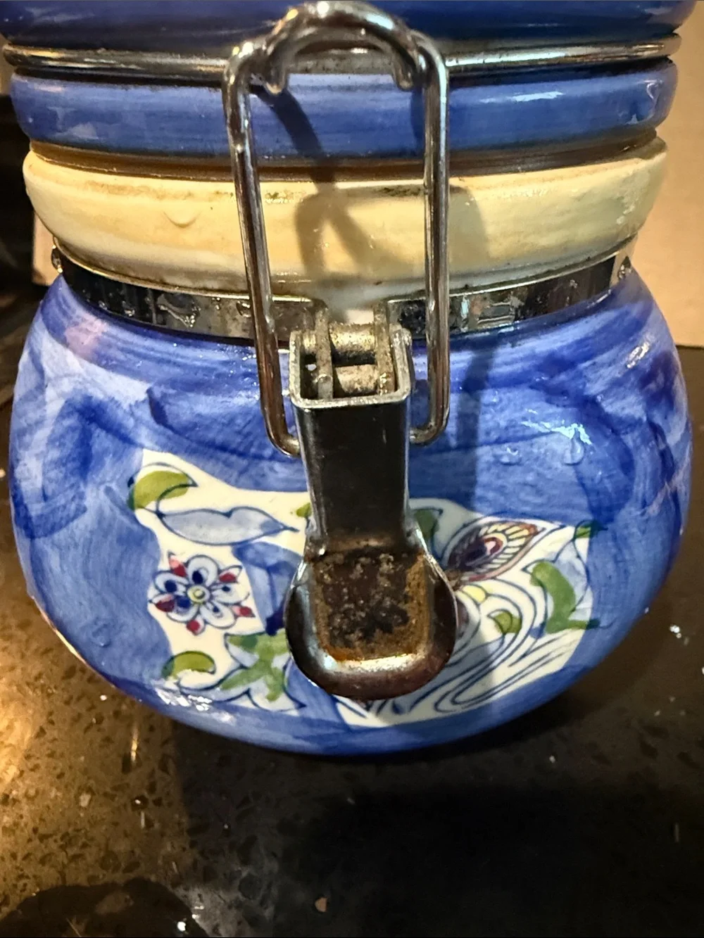 Blue Ceramic Floral Canister with Clamp Lid
